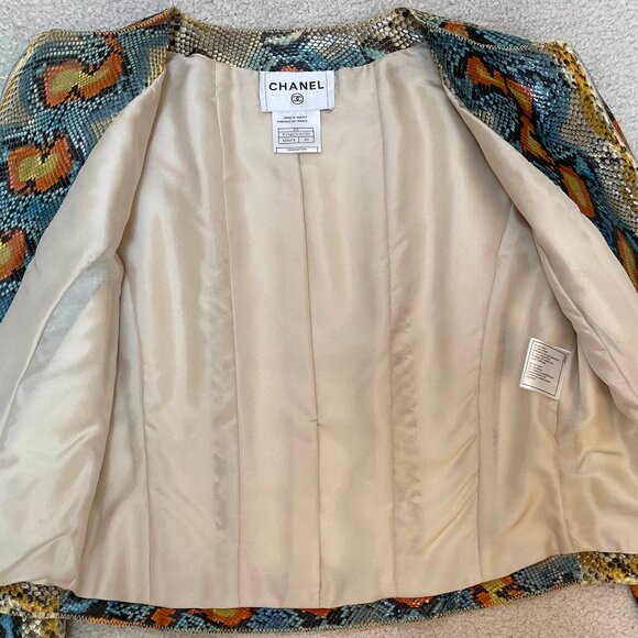 Chanel GENUINE beige with blue orange yellow PYTHON jacket rtl $30K SZ 40 US 8 - Picture 6 of 11